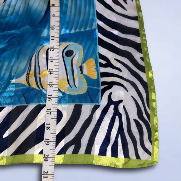Vintage Square Scarf Tropical Fish Zebra Print Blue Green | 20”x20” - Picture 3 of 5